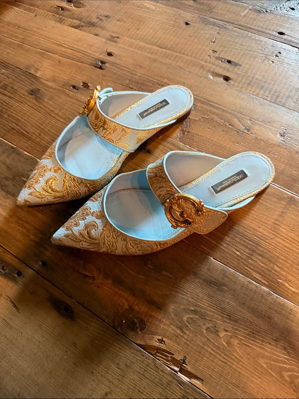 Dolce & Gabbana Bellucci Gold Brocade Pointed Mule Slides with Medallion